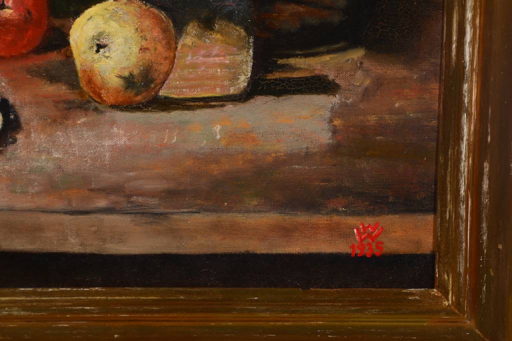 Detail a: Unbekannter Monogrammist WW, Stillleben mit Blumen, Vase und Äpfeln, Öl/Lwd, rechts unten monogrammiert, datiert 1935, ca. 50x62 cm, Rahmen