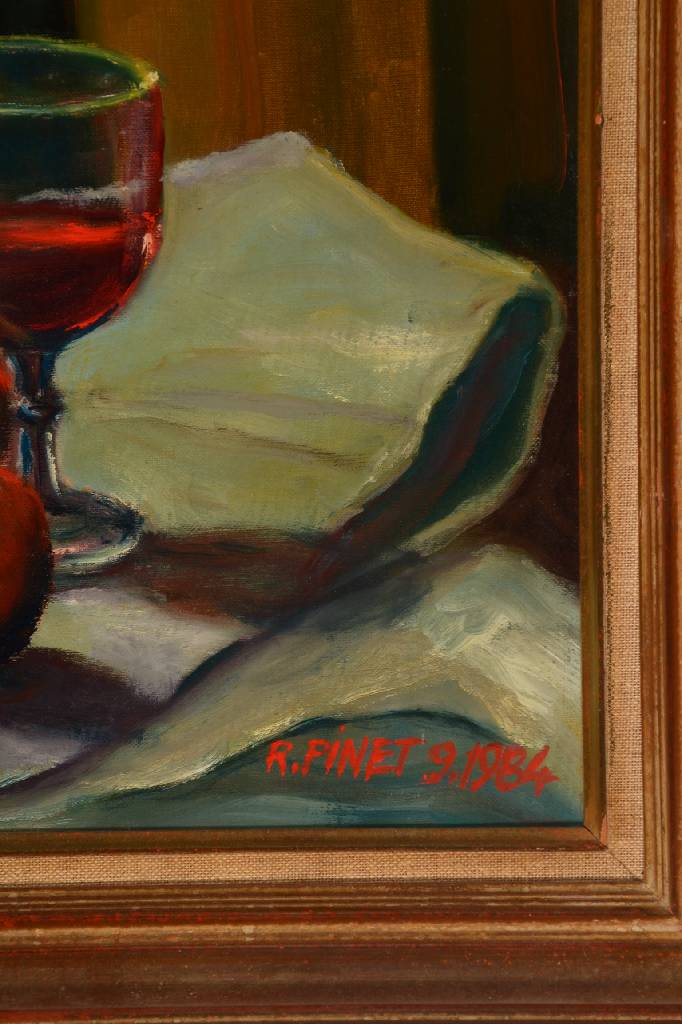 Detail a: Roger Pinet, franz. Maler, Stillleben mit Äpfeln und Kerze, Öl/Lwd, auf Holz, rechts unten signiert und datiert 1984, verso betitelt: La pomme à ...