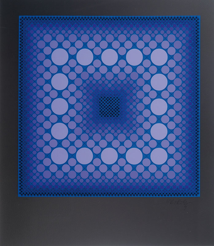 Victor Vasarely, 1906-1997, Serigrafie in 9 Farben auf silbernem Hintergrund auf Karton, Corona, handsigniert und nummeriert 68/90, Blattgr. ca. ...