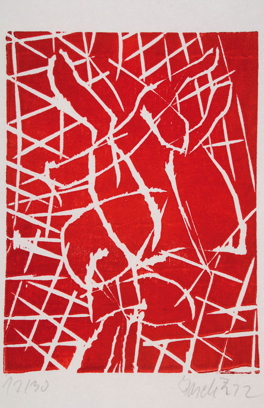 Georg Baselitz, geb. 1938, Farbholzschnitt in Rot auf Velin, handsigniert u. nummeriert 12/30, aus dem Jahre 1992, auf Handpresse gedruckt, sehr ...
