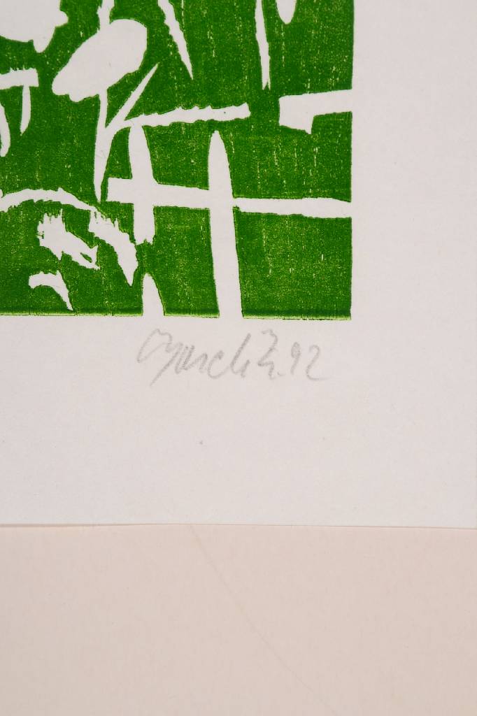 Detail a: Georg Baselitz, geb. 1938, Farbholzschnitt in Grün auf Velin, handsigniert u. nummeriert 12/30, aus dem Jahre 1992, auf Handpresse gedruckt, sehr ...