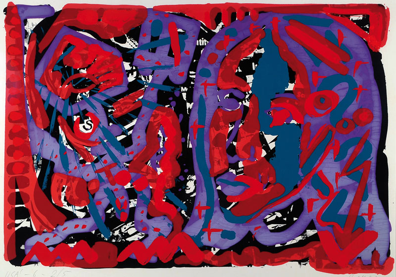 A.R. Penck, geb. 1939, Farbsiebdruck auf Papier, aus 1980, handsigniert und nummeriert 2/5, betitelt USA'-6-, datiert 80, Blattgr. ca. 66,5x90 ...