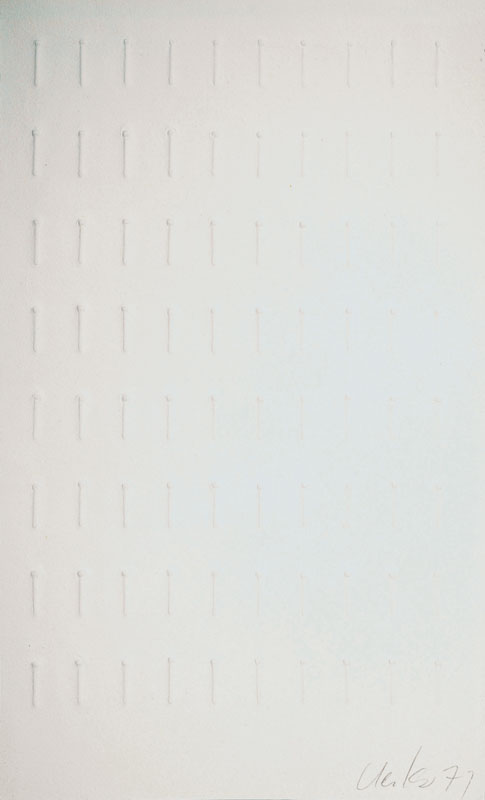 Günther Uecker, geb. 1930, Prägedruck auf Bütten, handsigniert und datiert 71, Auflage ca. 100, Blattgr. ca. 36x21 cm, unter Glas gerahmt
