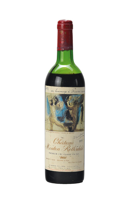 1 Flasche 1973 Chateau Mouton Rothschild, Pauillac, Premier Cru Classe, Künstleretikett: Pablo Picasso-Bacchanale, Musee de Mouton, upper mid ...