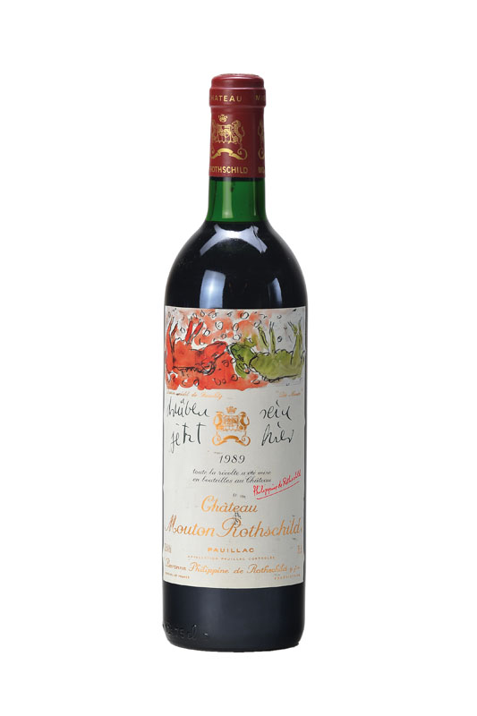 1 Flasche 1989 Chateau Mouton Rothschild, Pauillac, Künstleretikett: Georg Baselitz- Die Mauer, top shoulder, ca. 75 cl, unverkostet, Etikett min. ...