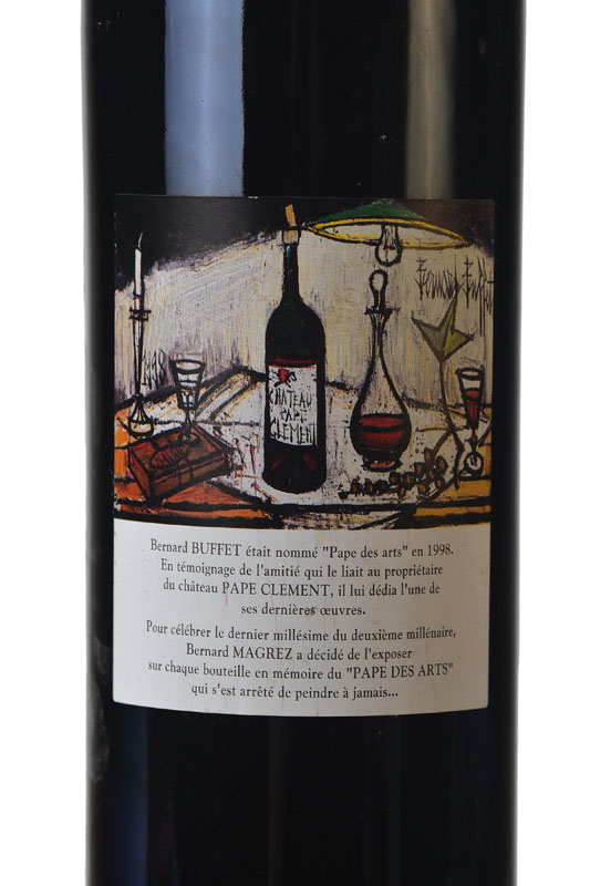 Detail a: 1 Flasche 2000 Chateau Pape Clement, Pessac-Leognac, Grand Cru Classe de Graves, into neck, ca. 75 cl, rückseitig: Künstleretikett von Bernard ...
