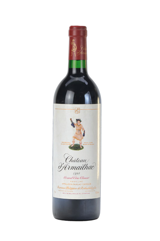 1 Flasche 1993 Chateau d'Armailhac, Pauillac, Baron Philippine de Rothschild, Grand Cru Classe, ca. 75 cl, into neck, unverkostet, Etikett l. ...