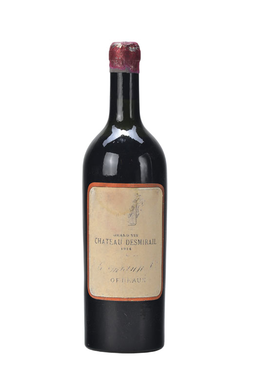 1 Flasche 1914 Chateau Desmirail, Margaux, upper mid shoulder, ca. 70 cl, unverkostet, Kapsel angeschnitten, Etikett stark besch.