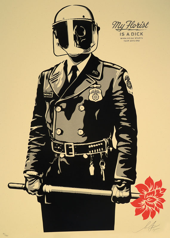 Shepard Fairey, geb. 1970, bedeutender amerikanischer Street-Art-Künstler, hier: My florist is a dick, Siebdruck, signiert und nummeriert 161/450, ...