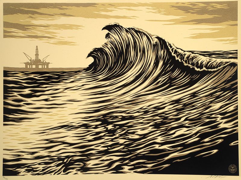 Shepard Fairey, geb. 1970, bedeutender amerikanischer Street-Art-Künstler, hier: Water is a black gold, Farbserigraphie, handsigniert und nummeriert ...