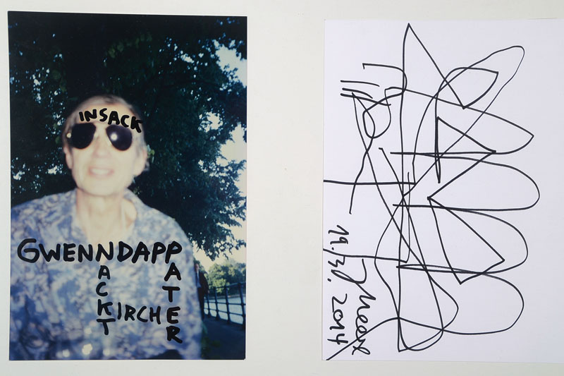 Jonathan Meese, geb. 1971, übermalte Fotografie und Zeichnung, 1x sign. und dat. 19.3.2014, Blattgr. ca. 29,5x21 cm, unter Glas gerahmt