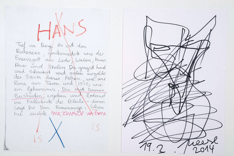 Jonathan Meese, geb. 1971, Übermalte Fotokopie und Zeichnung, 1x sign. und dat. 2014, Blattgr. ca. 29,5x21 cm, unter Glas gerahmt
