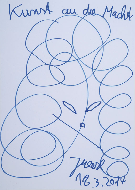 Jonathan Meese, geb. 1971, Filzstiftzeichnung, sign. und dat. 18.3.2014, Blattgr. ca. 29,5x21 cm, unter Glas gerahmt