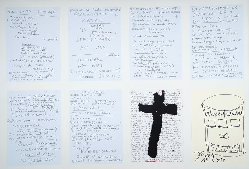 Jonathan Meese, geb. 1971, Gesinnung Stalin, Konvolut aus 7 Kopien davon eine übermalt, 1 Zeichnung, sign. und dat. 19.3.2014, Blattgr. je ca. 30x21 ...