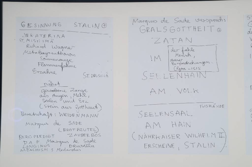 Detail c: Jonathan Meese, geb. 1971, Gesinnung Stalin, Konvolut aus 7 Kopien davon eine übermalt, 1 Zeichnung, sign. und dat. 19.3.2014, Blattgr. je ca. 30x21 ...