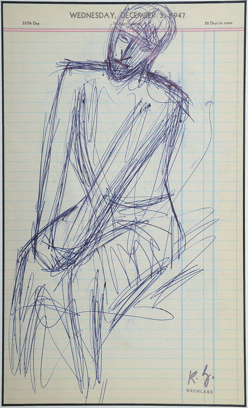 Karl Hubbuch, 1891-1979, Kugelschreiber, Zeichnung, Nachlaßstempel, rückseitig weitere Zeichnung, Blattgr. ca. 31,4x19,4 cm, unter Glas gerahmt