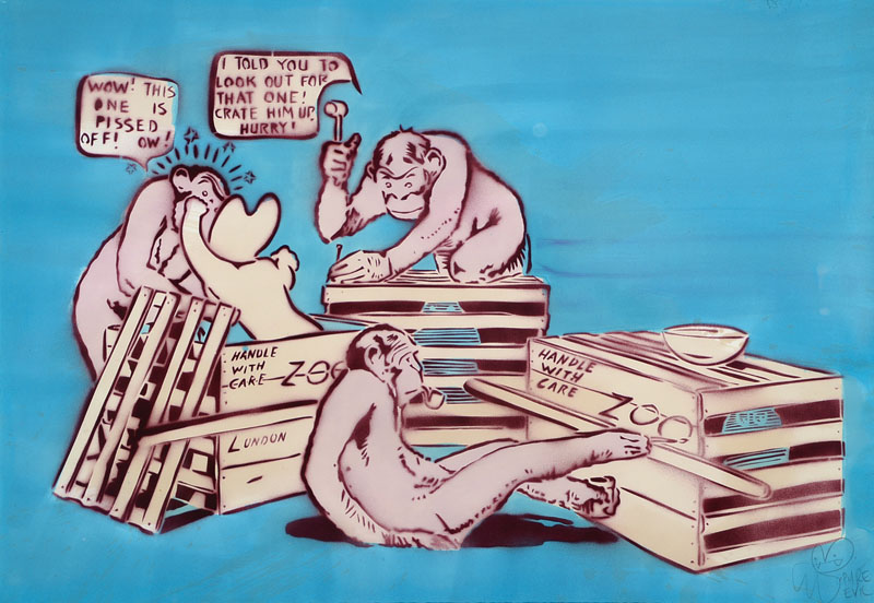 Pure Evil, geb. 1968, bekannter Street-Art Künstler, hier: Stencil, Spray/Papier, rechts unten signiert, Motiv ca. 64x93 cm, unter Glas gerahmt