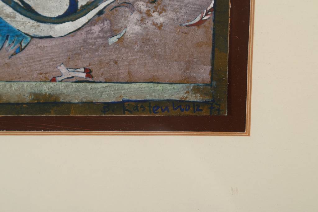Detail a: Bernd Kastenholz, geb. 1943 Speyer, Naturkampf, Mischtechnik/Gouache, re. u. sign., dat. 77, ca. 28x43,5 cm, unter Glas gerahmt