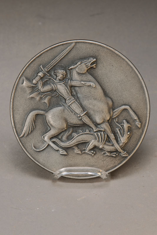 Arno Breker, 1900-1991, Eisengussplakette, Der heilige Georg, rückseitig mit Buderus Stempel, D. ca. 14 cm