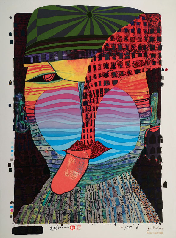 Friedensreich Hundertwasser, 1928-2000, City Man, Farbsiebdruck mit Metallfolienprägung, signiert und nummeriert 33/252, Blattgr. ca. 76x56 cm, ...
