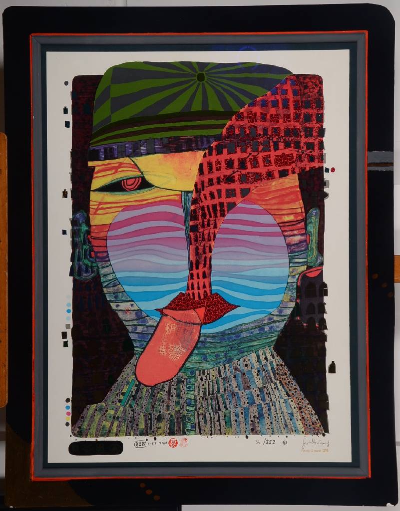Detail a: Friedensreich Hundertwasser, 1928-2000, City Man, Farbsiebdruck mit Metallfolienprägung, signiert und nummeriert 33/252, Blattgr. ca. 76x56 cm, ...