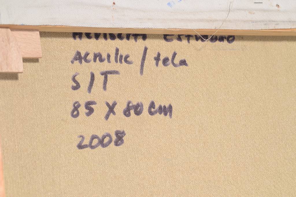 Detail a: Heriberto Estrabao, zeitgenössischer Künstler, zwei Figuren in blau, Öl/Lwd, Augen, Köpfe und Inneres der Körper abstrakt vegetativ dargestellt, ...