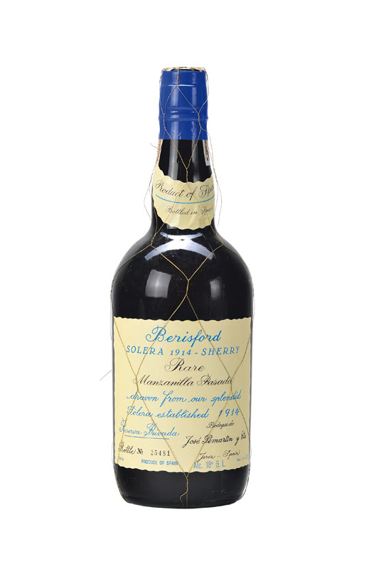 1 Flasche 1914 Berisford Solera Cherry, Manzanilla Pasada, Reserva Privada, Flaschennr: 25481, ca. 70 cl, into neck, unverkostet