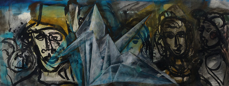 Detlef Waltrock, zeitgenössischer Künstler 20. Jh., Gesichter, Öl/Acryl, unsigniert, 51 x 132 cm