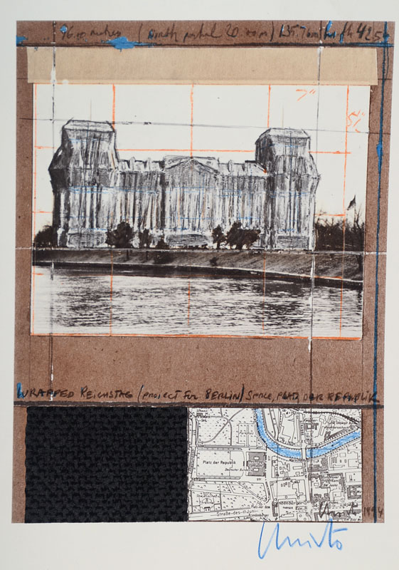 Christo, geb. 1935, vier Farboffsets zum Projekt Wrapped Reichstag, alle handsigniert, Blattgr. zwei mal ca. 35x55cm, zwei mal ca. 28x21cm