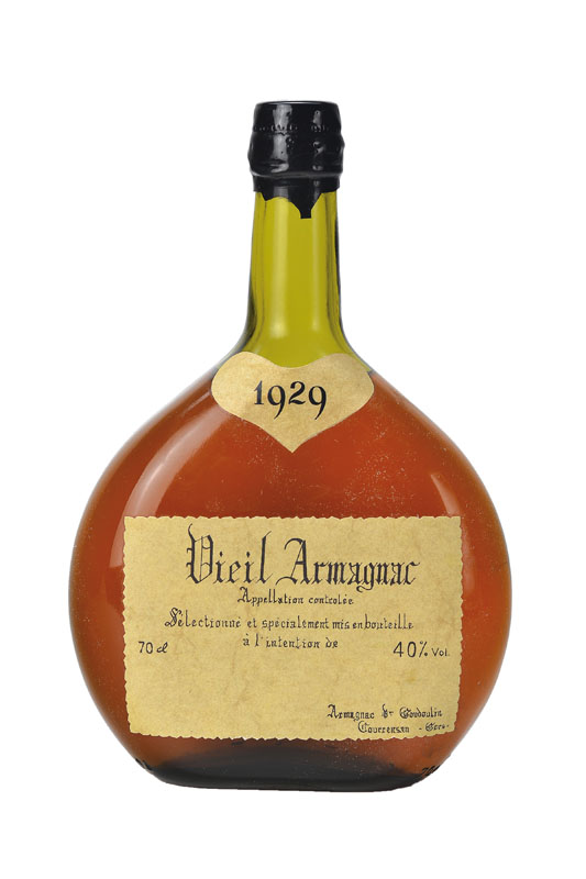 1 Flasche 1929 Vieil Armagnac, Appelation controlee, Wachskapsel am Hals l. besch., 70 cl, 40% Vol, unverkostet, Abstand zwischen Kapsel und ...