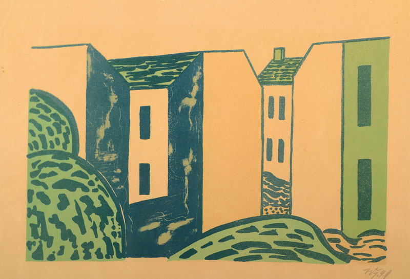 Werner Heldt, 1904-1954, Farblithographie, 1949, Berliner Häuser, monogrammiert, ca. 43x33 cm, Jahresausgabe für die Mitglieder der ...