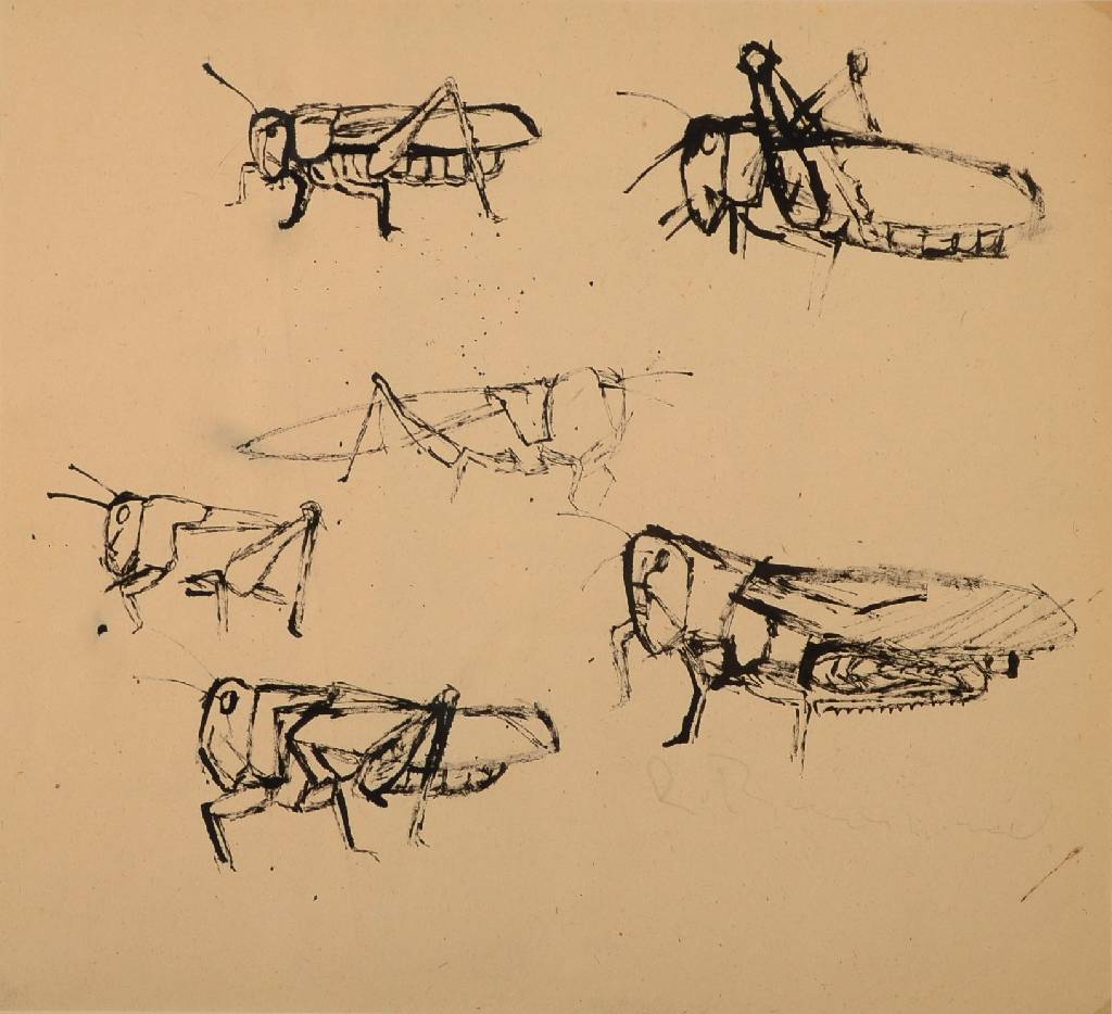 Detail a: Rudi Baerwind, 1910-1982, Moderne Komposition, Mischtechnik/Plastik, sign., ca. 59x79 cm, gewellt, Knick, mit Lithographie Heuschrecken, sign., ...