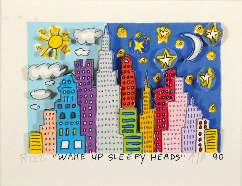 James Rizzi, 1950-2011, 3D-Lithographie, Wake up sleepy Heads, handsigniert und nummeriert A/P, aus 1990, ca. 505x8 cm, unter Glas gerahmt