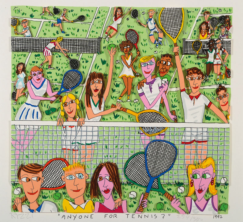 James Rizzi, 1950-2011, 3- Lithographie, Anyone for Tennis, aus 1992, handsigniert und nummeriert 254/350, ca. 21,5x23 cm, unter Glas gerahmt