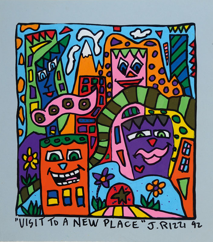James Rizzi, 1950-2011, Visit to a new place, Acryl auf Karton, signiert und datiert 92, Blattgr. ca. 19x21,5 cm, unter Glas gerahmt