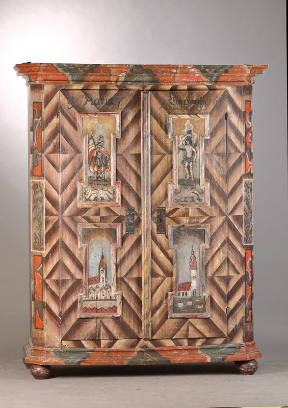 Bauernschrank, sog. Spaltschrank, süddeutsch, dat. 1796, Weichholz polychrom gefaßt in sog. Kamm-und-Zieh-Technik, 2-türig mit orig. offenem ...