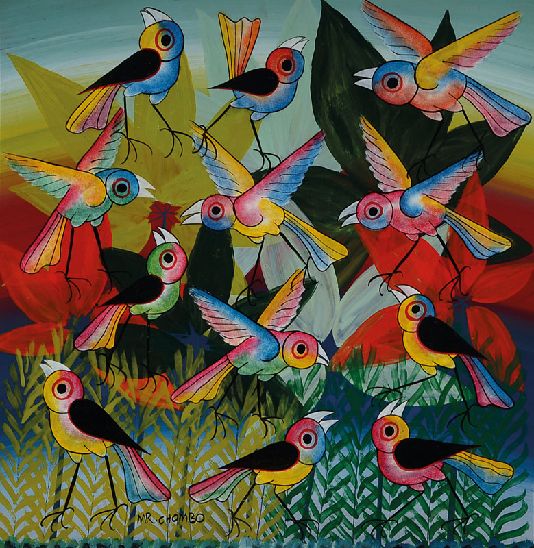 Vier Gemälde der Tingatinga-Schule Tansania, Acryl/Hartfaser, 1 x Paradiesvögel, sign. Mr. Chombo; 1 x Pfau, sign. Mr. Jaffary; 1 x Zebra, sign. ...