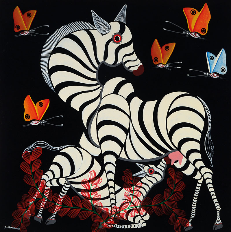 Detail a: Vier Gemälde der Tingatinga-Schule Tansania, Acryl/Hartfaser, 1 x Paradiesvögel, sign. Mr. Chombo; 1 x Pfau, sign. Mr. Jaffary; 1 x Zebra, sign. ...