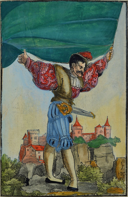 Kolorierter Holzstich, 17. Jh., Fahnenschwenker vor Burg, monogrammiert IK, sekundär koloriert, ca. 22x14cm, Rahmen