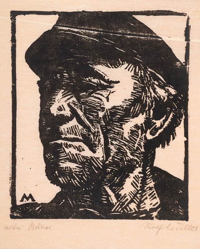 Rolf Müller-Landau, 1903-1956, alter Bauer, Holzschnitt, signiert und betitelt, Motiv ca. 16x14 cm, Blattgr. ca. 28x22 cm