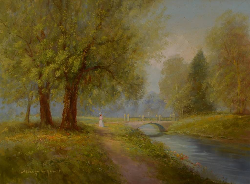 Heinz Jürgen Menzinger, geb. 1943 in Brünn, hier: Adrette Dame beim Spaziergang im Park, Öl/Lwd, links unten signiert, ca. 61x81 cm, Rahmen
