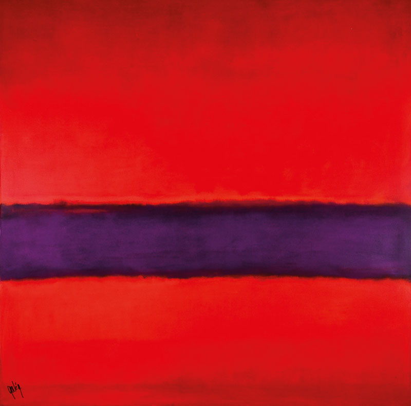 Gaston Galé, zeitgenössischer Belgischer Künstler, Abstrakte Komposition in Rot, Öl/Lwd, links unten signiert, ca. 123x123 cm, Ausstellungsleiste