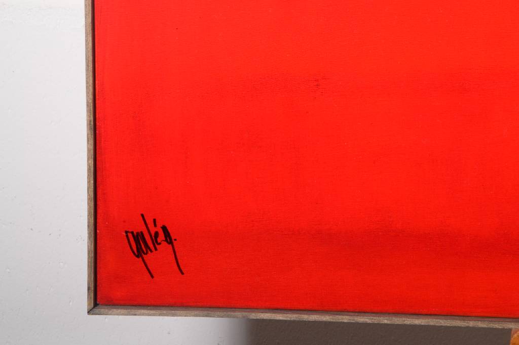 Detail a: Gaston Galé, zeitgenössischer Belgischer Künstler, Abstrakte Komposition in Rot, Öl/Lwd, links unten signiert, ca. 123x123 cm, Ausstellungsleiste