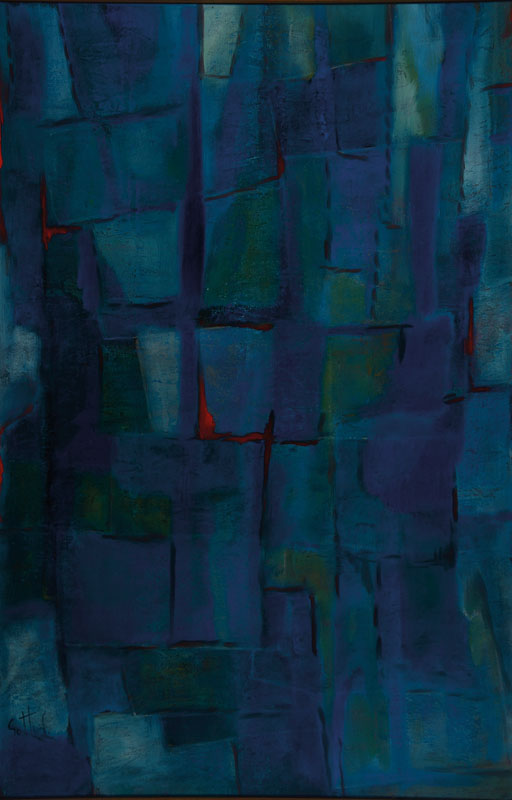 Lucien Sotto, zeitgenössischer Belgischer Künstler, Abstrakte Komposition in Blau, Öl/Holz, links unten signiert, ca. 101x66 cm, Leiste