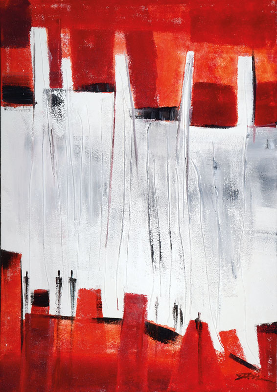Martin Thomas, deutscher Maler und Graphiker, Abstrakte Komposition in Rot und Weiß, Acryl/Lwd, rechts unten signiert, ca. 100x70 cm, ...