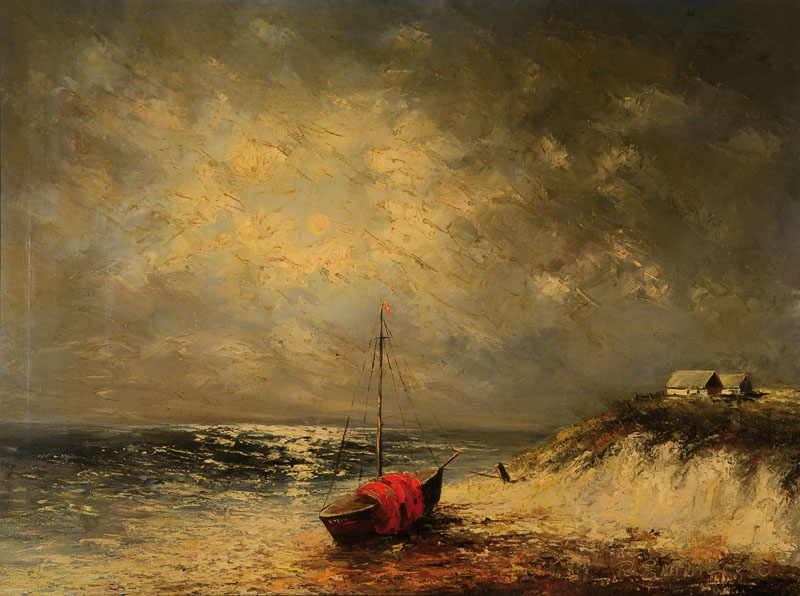R. Emmerth, Künstler, Küstenansicht mit Häusern und Boot, wohl um 1920, Öl/Lwd, rechts unten signiert, rückseitig min. rest., ca. 60x80 cm, ...