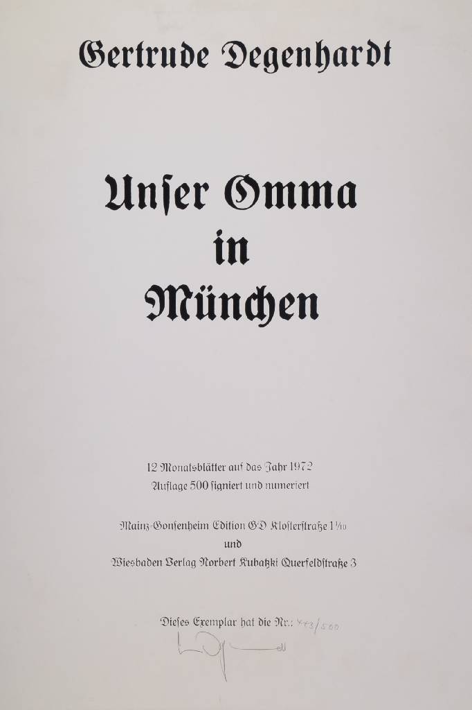 Detail c: Gertrude Degenhardt, geb. 1940 New York, bekannte Deutsche Grafikerin, hier: Unser Omma in München, 12 Monatsblätter anlässlich der Olympischen ...