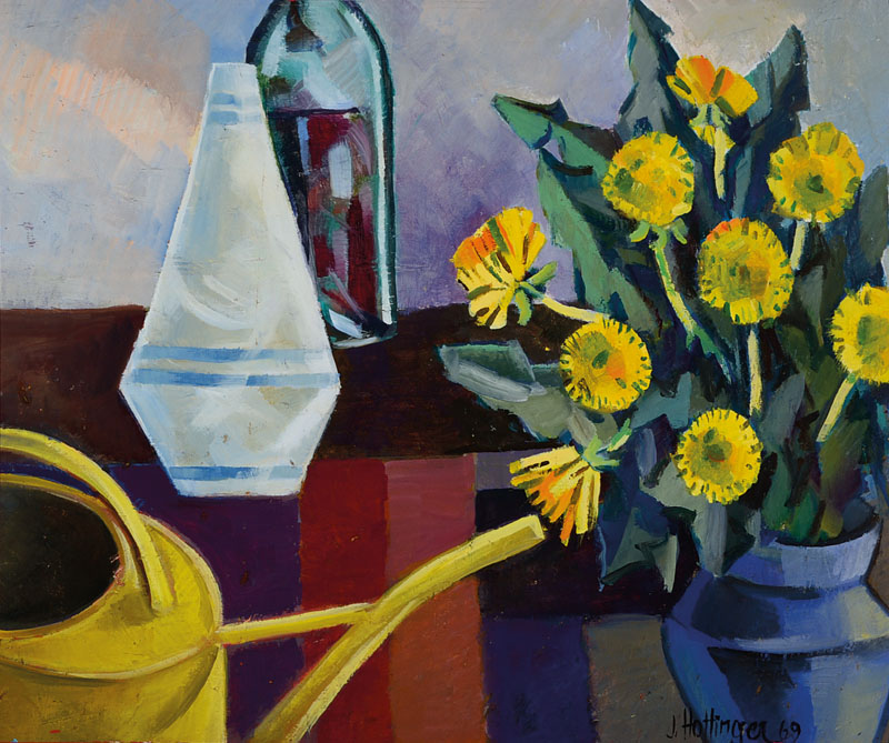 Jakob Hottinger, geb. 1917 Schaffhausen, Stillleben mit Blumen und Gießkanne, Öl/Malpappe, rechts unten signiert und datiert 1969, ca. 46,5x56,5 ...