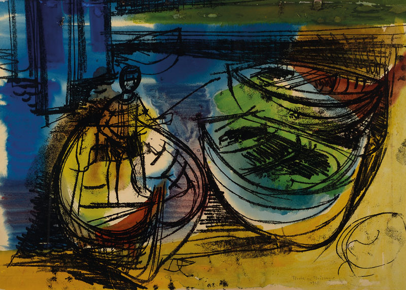 Unbekannter Künstler, Boote im Brissayer 1955, Gouache auf Papier, rechts unten betitelt und datiert, PP, ca. 42,5x59 cm, unter Glas gerahmt