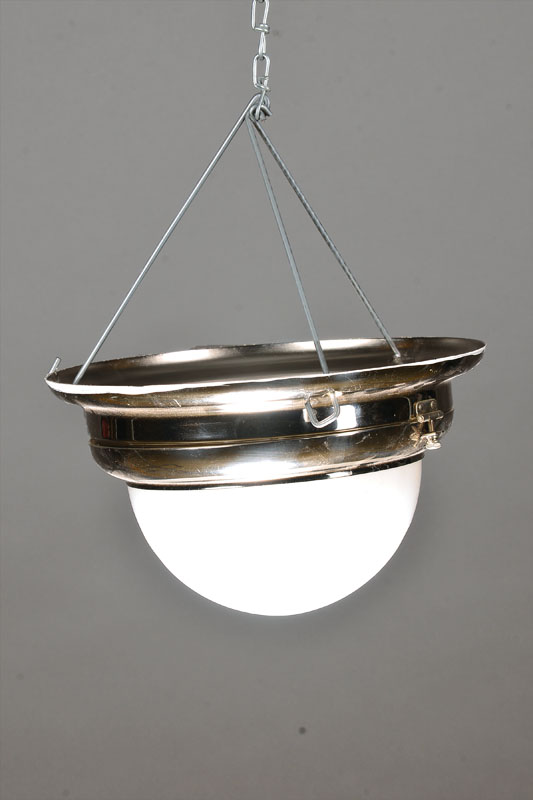 Paar Deckenleuchten, Entwurf Otto Wagner, um 1900, Ausführung 80er Jahre, Messing vernickelt, mundgeblasener Opalglasschirm, Elektrifizierung nicht ...